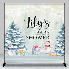 Aperturee - Aperturee Personalized Winter Baby Shower Backdrop Baby It’s Cold Outside Snowman Snowy Pine Trees Decor
