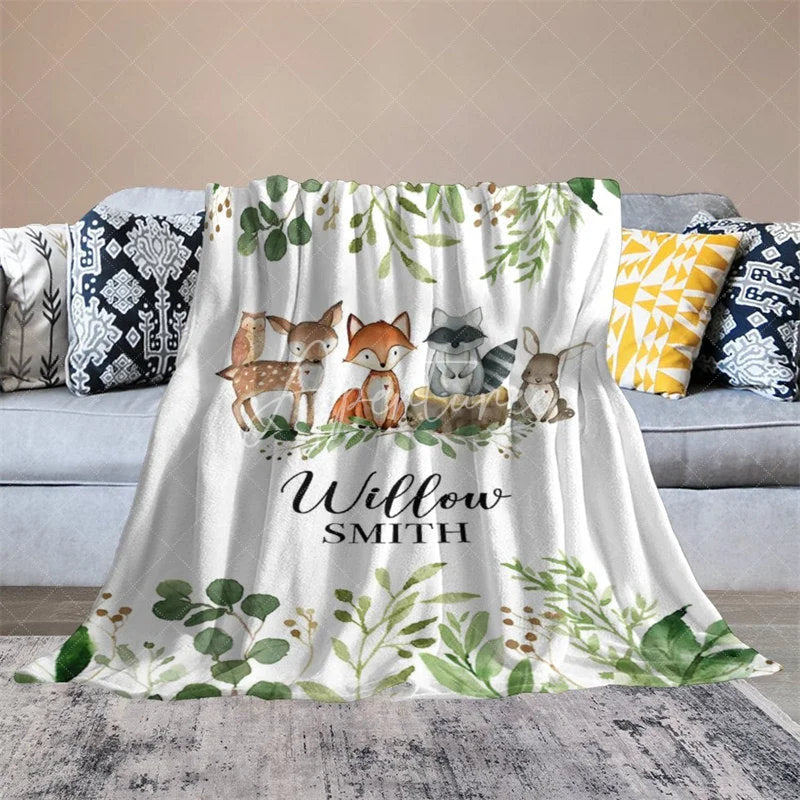 Aperturee - Aperturee Personalized Woodland Animals Blanket with Custom Name Fox Deer Raccoon Nursery Decor Baby Shower Gift
