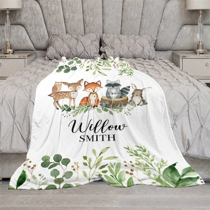 Aperturee - Aperturee Personalized Woodland Animals Blanket with Custom Name Fox Deer Raccoon Nursery Decor Baby Shower Gift