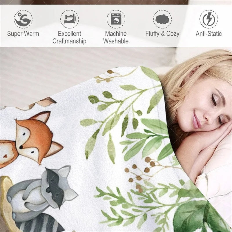 Aperturee - Aperturee Personalized Woodland Animals Blanket with Custom Name Fox Deer Raccoon Nursery Decor Baby Shower Gift