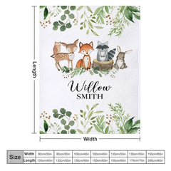 Aperturee - Aperturee Personalized Woodland Animals Blanket with Custom Name Fox Deer Raccoon Nursery Decor Baby Shower Gift