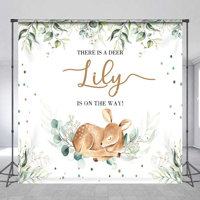 Aperturee - Aperturee Personalized Woodland Baby Deer and Eucalyptus Custom Backdrop Gender Reveal Baby Shower Party Decor