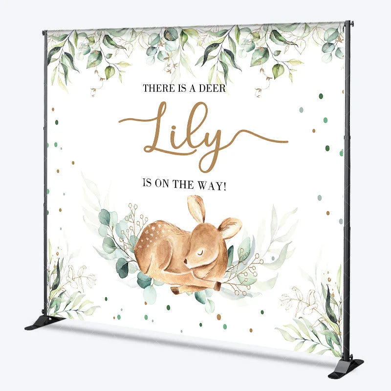 Aperturee - Aperturee Personalized Woodland Baby Deer and Eucalyptus Custom Backdrop Gender Reveal Baby Shower Party Decor