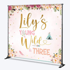Aperturee - Aperturee Personalized Young Wild and Three Custom Backdrop Floral Boho Birthday Party Decor for Kids