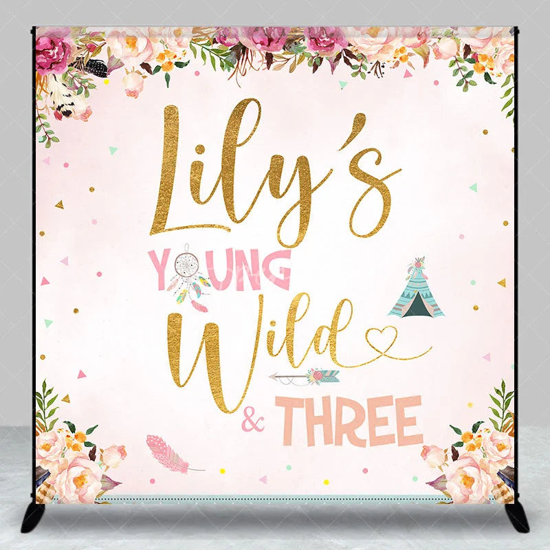 Aperturee - Aperturee Personalized Young Wild and Three Custom Backdrop Floral Boho Birthday Party Decor for Kids