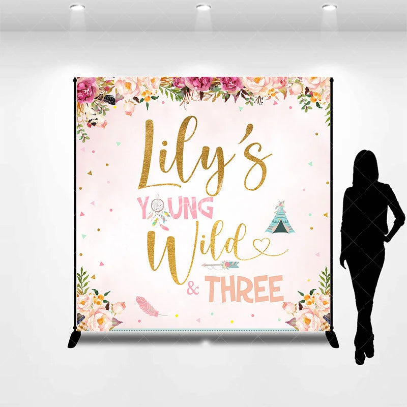 Aperturee - Aperturee Personalized Young Wild and Three Custom Backdrop Floral Boho Birthday Party Decor for Kids