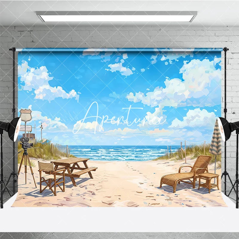 Aperturee - Aperturee Picturesque Blue Sky Beach Ocean Photography Backdrop Lounge Chair and Vintage Camera Summer Vacation Scene