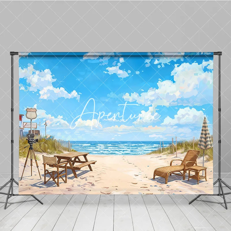 Aperturee - Aperturee Picturesque Blue Sky Beach Ocean Photography Backdrop Lounge Chair and Vintage Camera Summer Vacation Scene