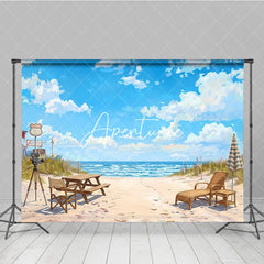 Aperturee - Aperturee Picturesque Blue Sky Beach Ocean Photography Backdrop Lounge Chair and Vintage Camera Summer Vacation Scene