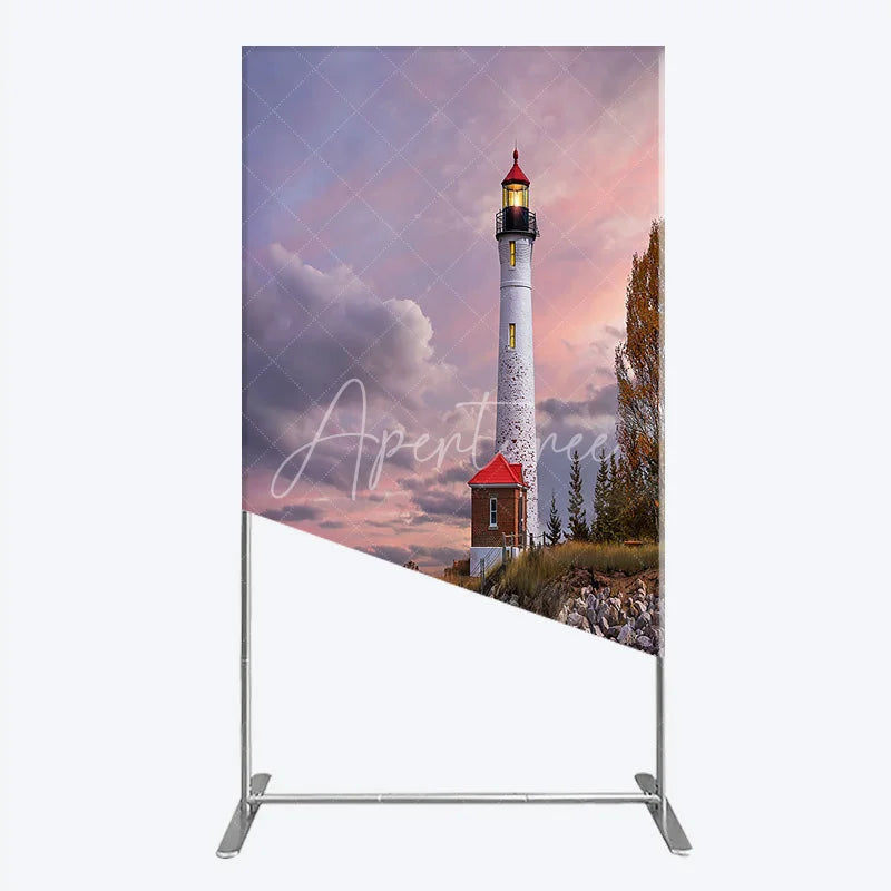 Aperturee - Aperturee Picturesque Lighthouse and Ocean Sunset Rectangle Arch Backdrop Coastal Rocky Beach Photography Prop with Autumn Trees