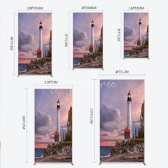 Aperturee - Aperturee Picturesque Lighthouse and Ocean Sunset Rectangle Arch Backdrop Coastal Rocky Beach Photography Prop with Autumn Trees