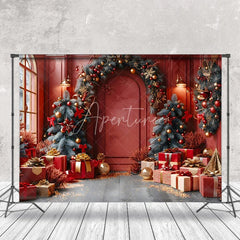 Aperturee - Aperturee Pine Leaves Arch Retro Red Room Christmas Backdrop