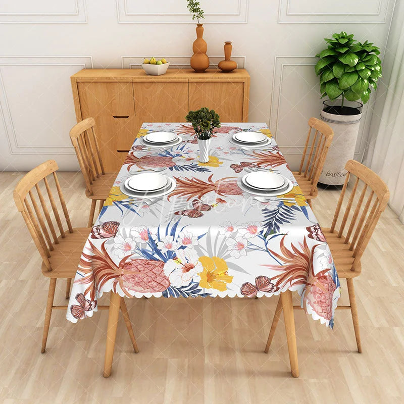 Aperturee - Aperturee Pineapple and Hibiscus Rectangle Tablecloth Tropical Floral and Butterfly Table Cover Summer Party Decor