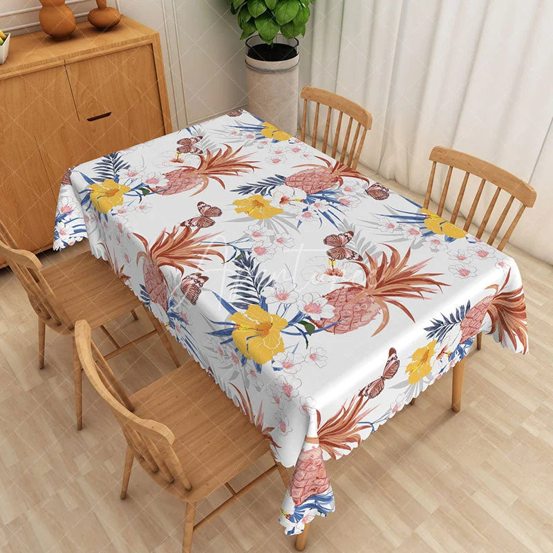 Aperturee - Aperturee Pineapple and Hibiscus Rectangle Tablecloth Tropical Floral and Butterfly Table Cover Summer Party Decor
