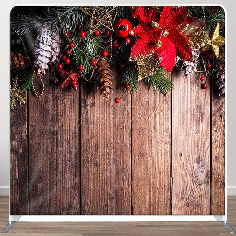 Aperturee - Aperturee Pinecone Flower Wooden Board Christmas Backdrop