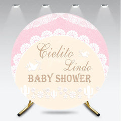 Aperturee - Aperturee Pink and Beige Cielito Lindo Baby Shower Round Backdrop with Delicate Lace Doves Cacti and Floral Design