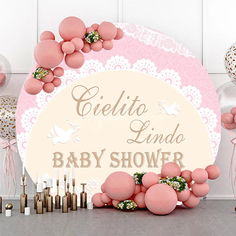 Aperturee - Aperturee Pink and Beige Cielito Lindo Baby Shower Round Backdrop with Delicate Lace Doves Cacti and Floral Design
