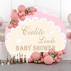 Aperturee - Aperturee Pink and Beige Cielito Lindo Baby Shower Round Backdrop with Delicate Lace Doves Cacti and Floral Design