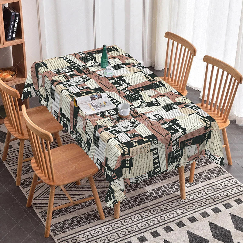Aperturee - Aperturee Pink and Black Newspaper Rectangle Tablecloth Retro Collage Text Print Fashion Style Kitchen Dining Decor