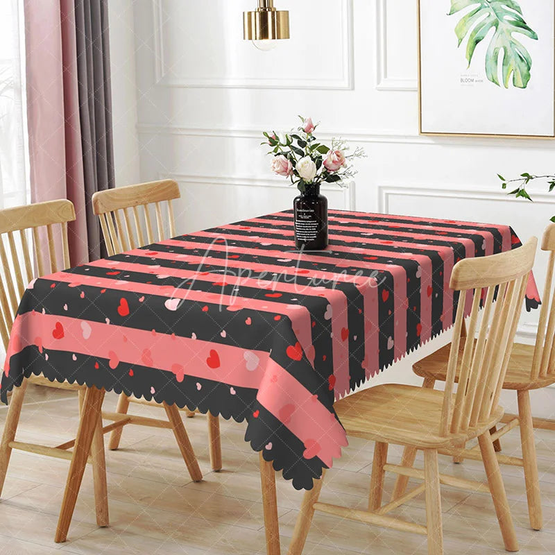 Aperturee - Aperturee Pink and Black Stripe Heart Rectangle Tablecloth Bold Horizontal Lines Pattern Modern Romantic Kitchen Dining Decor