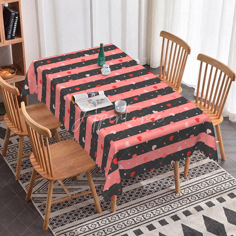 Aperturee - Aperturee Pink and Black Stripe Heart Rectangle Tablecloth Bold Horizontal Lines Pattern Modern Romantic Kitchen Dining Decor