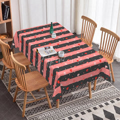 Aperturee - Aperturee Pink and Black Stripe Heart Rectangle Tablecloth Bold Horizontal Lines Pattern Modern Romantic Kitchen Dining Decor