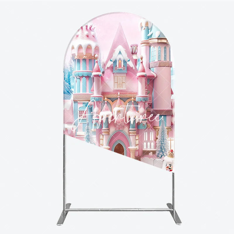 Aperturee - Aperturee Pink and Blue Candy Castle Winter Wonderland Round Top Arch Backdrop Fairytale Birthday Party Decor
