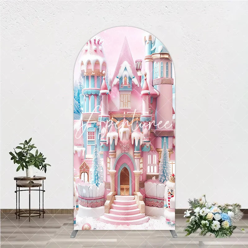 Aperturee - Aperturee Pink and Blue Candy Castle Winter Wonderland Round Top Arch Backdrop Fairytale Birthday Party Decor