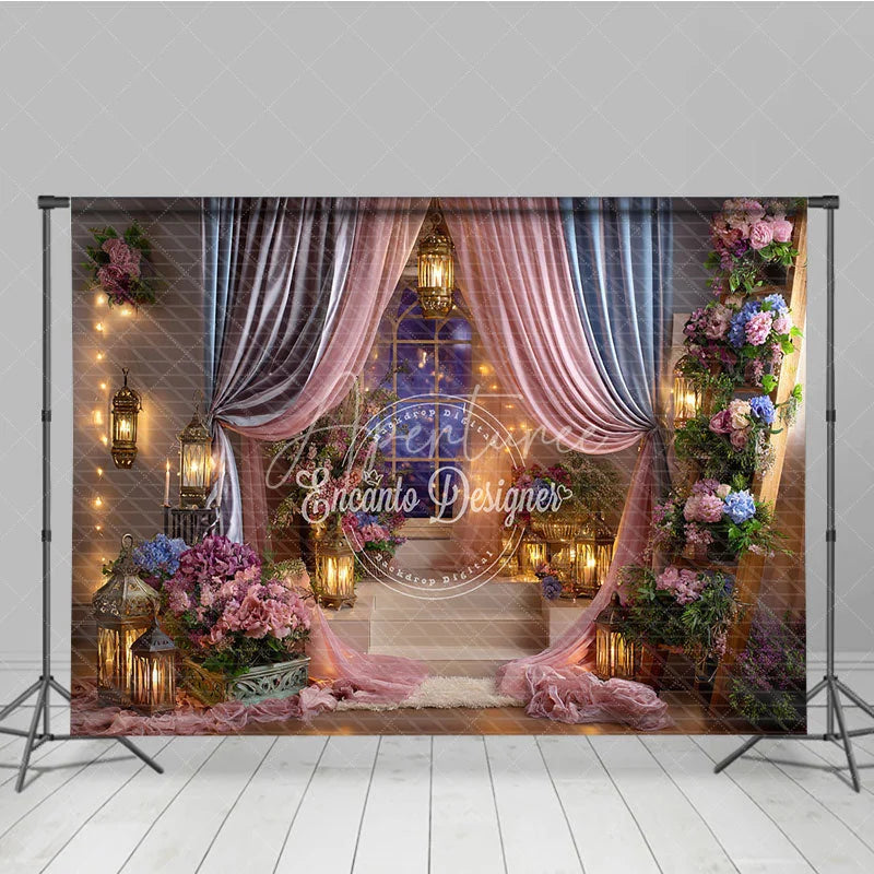 Aperturee - Aperturee Pink and Blue Drapes Enchanted Photography Backdrop Romantic Lanterns and Floral Arrangements for Baby Shower