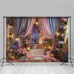 Aperturee - Aperturee Pink and Blue Drapes Enchanted Photography Backdrop Romantic Lanterns and Floral Arrangements for Baby Shower