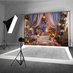 Aperturee - Aperturee Pink and Blue Drapes Enchanted Photography Backdrop Romantic Lanterns and Floral Arrangements for Baby Shower