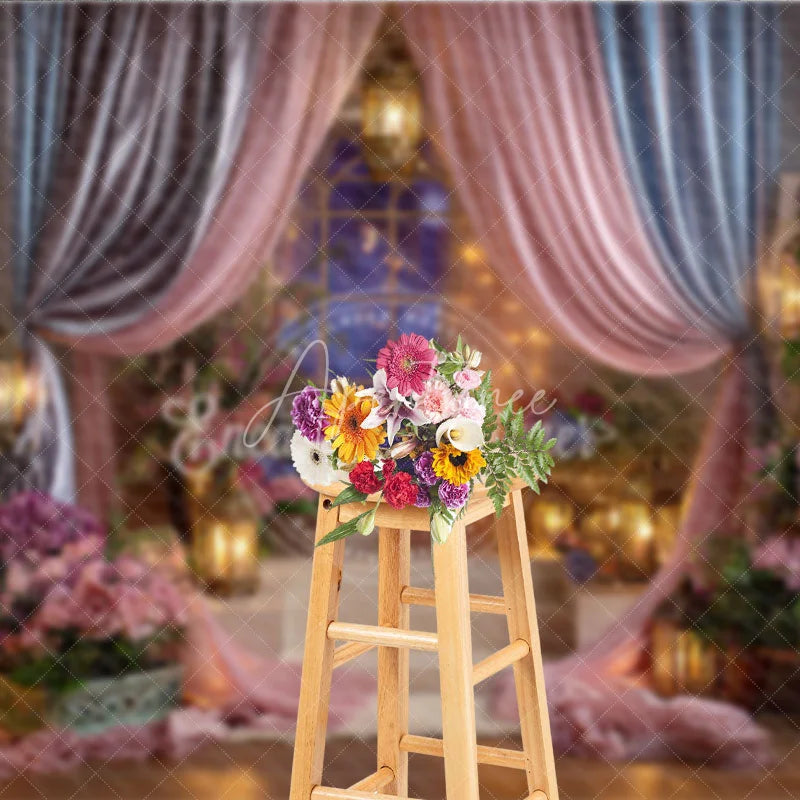 Aperturee - Aperturee Pink and Blue Drapes Enchanted Photography Backdrop Romantic Lanterns and Floral Arrangements for Baby Shower