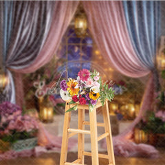 Aperturee - Aperturee Pink and Blue Drapes Enchanted Photography Backdrop Romantic Lanterns and Floral Arrangements for Baby Shower