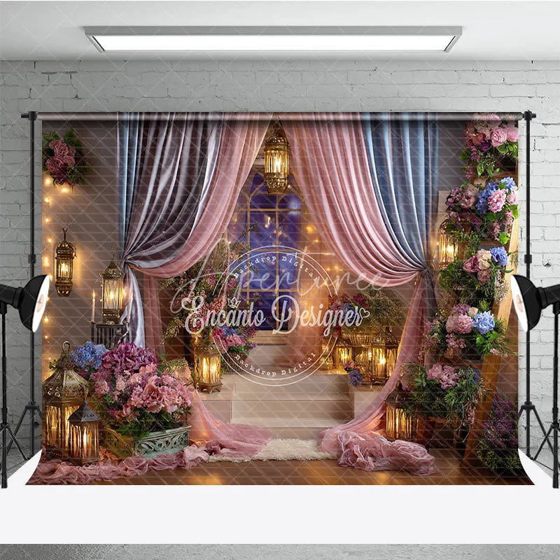 Aperturee - Aperturee Pink and Blue Drapes Enchanted Photography Backdrop Romantic Lanterns and Floral Arrangements for Baby Shower