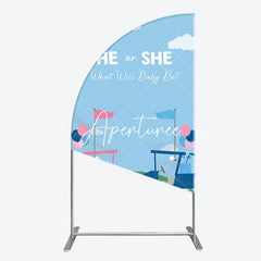 Aperturee - Aperturee Pink and Blue Golf Cart Gender Reveal Half Moon Arch Backdrop He or She Baby Shower Party Decor
