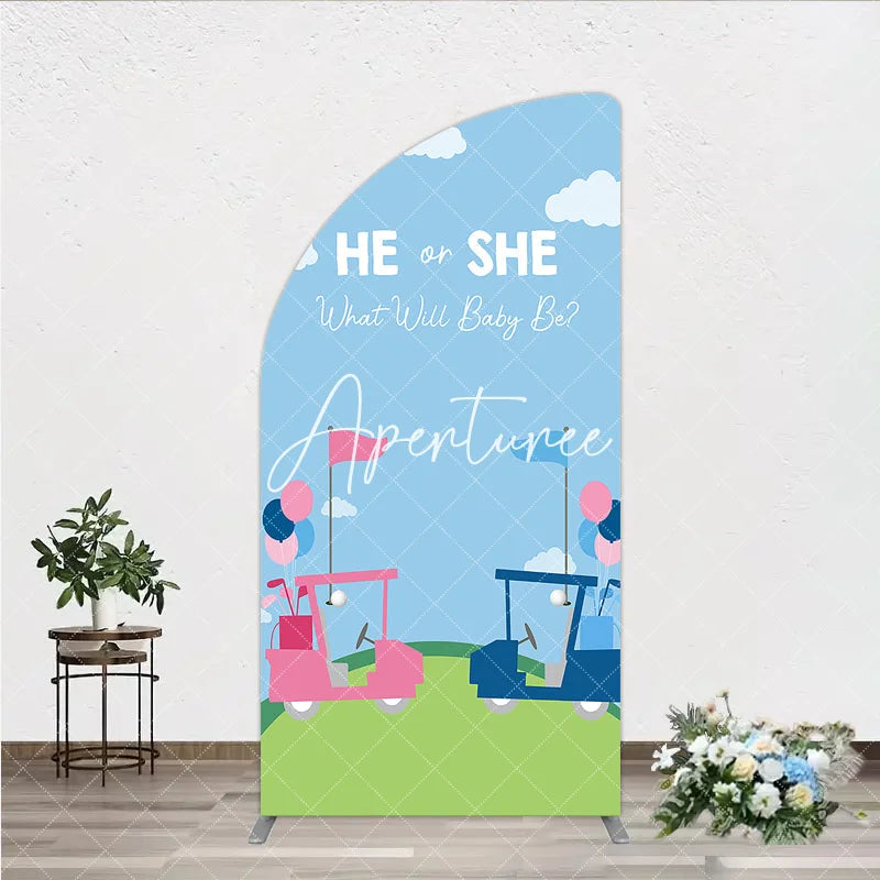 Aperturee - Aperturee Pink and Blue Golf Cart Gender Reveal Half Moon Arch Backdrop He or She Baby Shower Party Decor