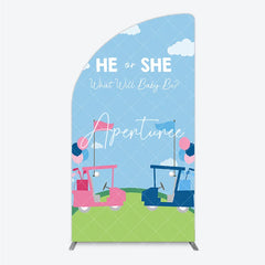 Aperturee - Aperturee Pink and Blue Golf Cart Gender Reveal Half Moon Arch Backdrop He or She Baby Shower Party Decor