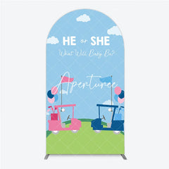 Aperturee - Aperturee Pink and Blue Golf Theme He or She Round Top Arch Backdrop Gender Reveal Baby Shower Party Decor