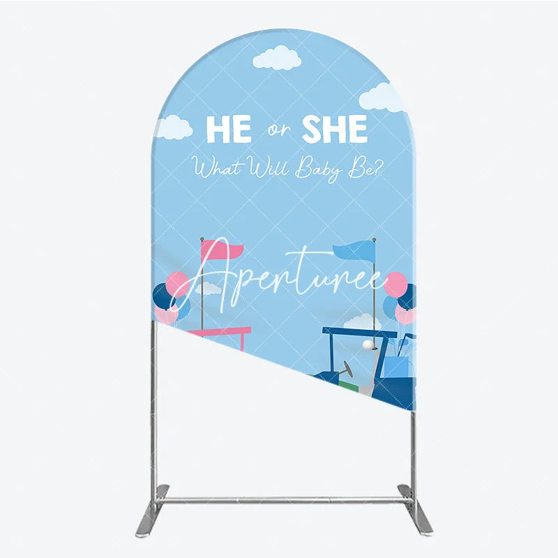 Aperturee - Aperturee Pink and Blue Golf Theme He or She Round Top Arch Backdrop Gender Reveal Baby Shower Party Decor