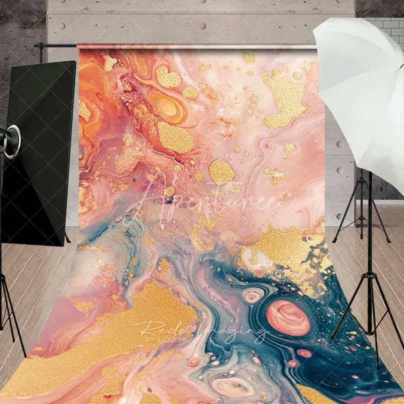 Aperturee - Aperturee Pink and Blue Liquid Marble Backdrop Abstract Fluid Art Gold Glitter Photography Background