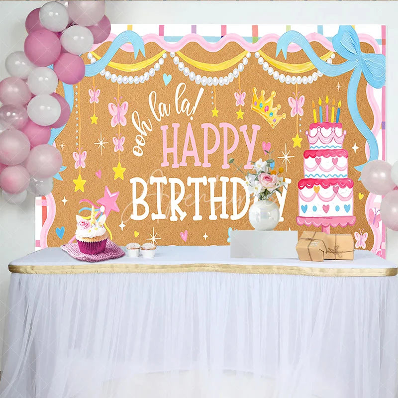 Aperturee - Aperturee Pink and Blue Ooh la la Happy Birthday Backdrop with Cake Bows Butterflies and Crown for Girls Party
