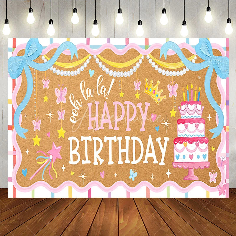 Aperturee - Aperturee Pink and Blue Ooh la la Happy Birthday Backdrop with Cake Bows Butterflies and Crown for Girls Party