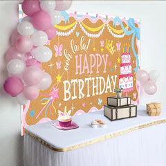 Aperturee - Aperturee Pink and Blue Ooh la la Happy Birthday Backdrop with Cake Bows Butterflies and Crown for Girls Party