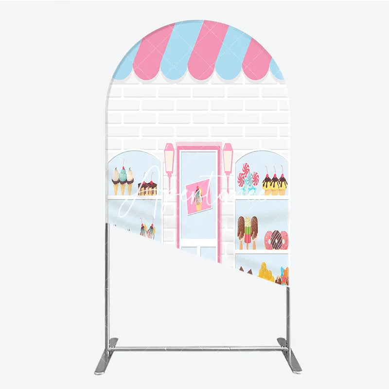 Aperturee - Aperturee Pink and Blue Striped Awning Candy Shop Round Top Arch Backdrop Sweet Dessert Storefront for Birthday Party