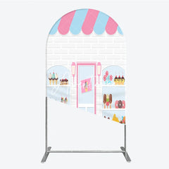Aperturee - Aperturee Pink and Blue Striped Awning Candy Shop Round Top Arch Backdrop Sweet Dessert Storefront for Birthday Party