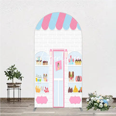 Aperturee - Aperturee Pink and Blue Striped Awning Candy Shop Round Top Arch Backdrop Sweet Dessert Storefront for Birthday Party
