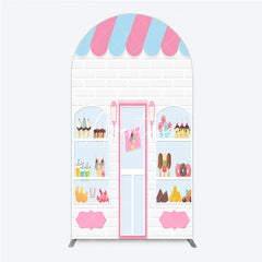 Aperturee - Aperturee Pink and Blue Striped Awning Candy Shop Round Top Arch Backdrop Sweet Dessert Storefront for Birthday Party