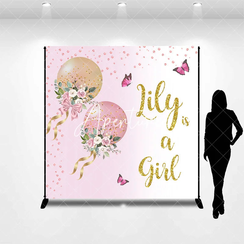 Aperturee - Aperturee Pink and Gold Glitter Balloons Floral Custom Backdrop Personalized Baby Girl Shower Party Decor.