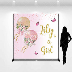 Aperturee - Aperturee Pink and Gold Glitter Balloons Floral Custom Backdrop Personalized Baby Girl Shower Party Decor.