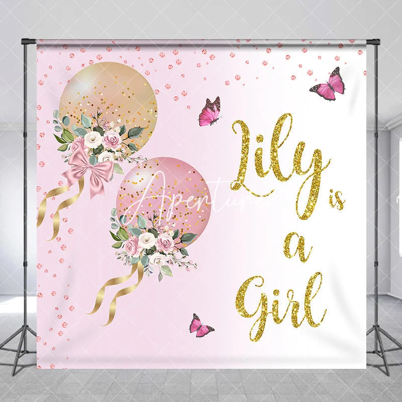 Aperturee - Aperturee Pink and Gold Glitter Balloons Floral Custom Backdrop Personalized Baby Girl Shower Party Decor.